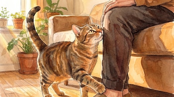 Ilustración de un gato atigrado con la cola curva que apoya el hocico en la pierna de una persona sentada cerca de varias macetas.