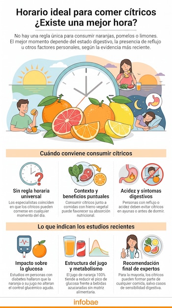 Infografía de Infobae con texto, reloj, sol, luna, personas, naranjas, pomelo, limón, ilustraciones de estómago, monitor de glucosa, vaso de jugo y doctora.