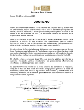 Secretario General del Senado aclaró trámite del Presupuesto General de la Nación 2027 en la corporación