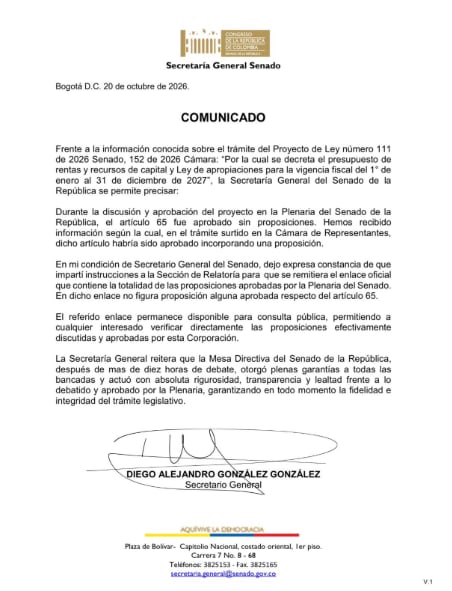 Con esta misiva, el secretario General del Senado, Diego González, aclaró trámite del Presupuesto General de la Nación 2027 en la corporación - crédito suministrada a Infobae Colombia