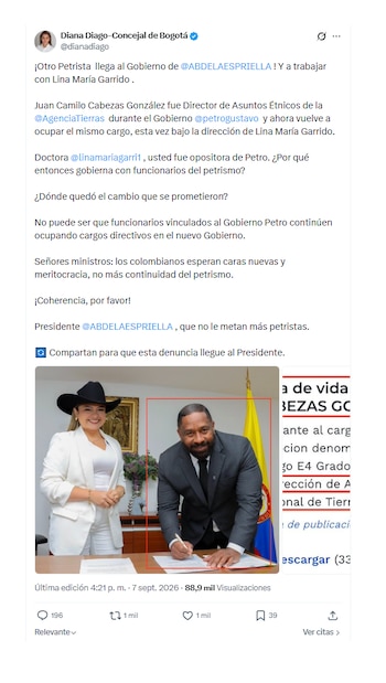 Con este mensaje en X, la concejala de Bogotá Diana Diago cuestionó la permanencia de Juan Camilo Cabezas como director de Asuntos Étnicos de la Agencia Nacional de Tierras - crédito @dianadiago/X