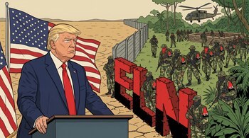 Ilustración editorial de Donald Trump en un atril con la bandera de EEUU, mirando hacia un muro y grandes letras rojas "ELN" con púas, tras las cuales hay combatientes armados del ELN en una selva con un helicóptero.