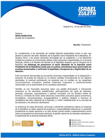 Isabel Zuleta argumenta que el Congreso no debe legitimar un mandato bajo sospecha de fraude - crédito @ISAZULETA/X