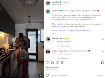Captura de pantalla de una red social con un hombre que abraza a una niña en una cocina y el texto de la publicación al lado derecho