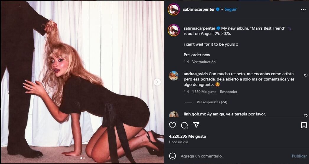 Sabrina Carpenter fue criticada por la portada de su disco “Man’s Best Friend” (Instagram/Sabrina Carpenter)