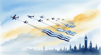 Acuarela de aviones pequeños volando con banderas de Nicaragua y Honduras sobre la silueta de edificios de Madrid en un cielo azul y ocre.