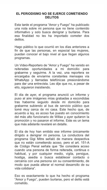 Fiorella Retiz comunicado.