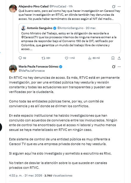 María Paula Fonseca Gómez aseguró que Rtvc está en permanente investigación por ser una entidad pública, hay veeduría y revisión constante - crédito @MaPaulaFonseca/X