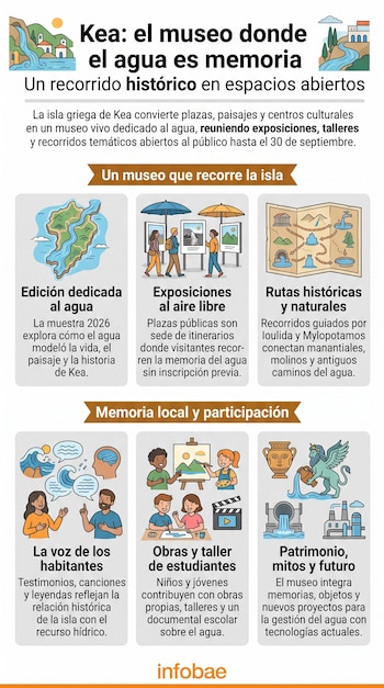 Infografía con texto e ilustraciones sobre la isla de Kea, un mapa, personas observando cuadros, un taller de pintura y un grifo.