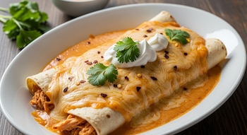 Un plato blanco ovalado con tres enchiladas suizas de chipotle cubiertas de salsa naranja cremosa, queso gratinado, dos puntos de crema, cilantro y hojuelas de chile seco.