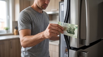 Hombre sujetando un billete verde de 200 pesos mexicanos atrapado en la junta de goma de un refrigerador de acero inoxidable.