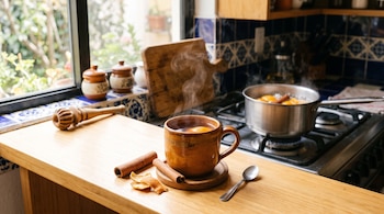 Una taza con infusión caliente, ramas de canela y cáscaras de naranja sobre una barra de madera, junto a una olla sobre la estufa.