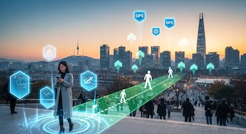 Vista panorámica de Seúl al atardecer con edificios altos, una mujer en primer plano usando un teléfono móvil y elementos de realidad aumentada con iconos GPS y rutas verdes.