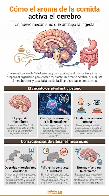 Infografía que ilustra cómo el aroma de la comida activa el cerebro, con diagramas del cerebro, sistema digestivo, neuronas y ratones de laboratorio.