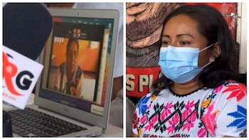 A la izquierda Enedina, madre de Jesús Plácido Galindo, se conectó por videoconferencia durante la conferencia de prensa celebrada este 29 de julio en Chilpancingo; a la derecha Aurea Oropeza, esposa del defensor. Crédito: Facebook -
Tlachinollan Centro de Derechos Humanos de La Montaña