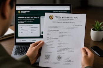 Manos sostienen un papel de denuncia policial digital frente a una laptop que muestra el sitio web de la Policía Nacional del Perú