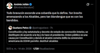 El gobernador de Antioquia, Andrés Julián Rendón, critica la postura de Petro y lo acusa de inconsistencia frente a la criminalidad y la seguridad - crédito X