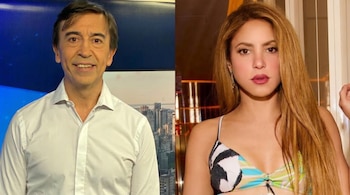 Imagen dividida que muestra a Luis Majul sonriendo a la izquierda y a Shakira con cabello rubio y un top estampado mirando a cámara a la derecha.