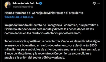 El Ministerio de Vivienda destinó $100.000 millones a subsidios de arriendo para las familias damnificadas por el terremoto de magnitud 7,4 en San José del Palmar, Chocó - crédito @soyjaimeandres / X
