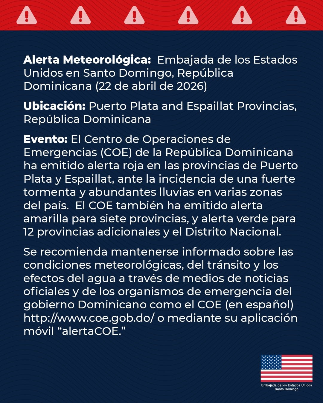 Comunicado de la Embajada de los EE.UU. en Santo Domingo sobre la situación climatológica en República Dominicana (Cortesía @EmbajadaUSAenRD).