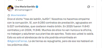 Así reaccionó Lina María Garrido, directora de la ANT contra Luis Felipe Harman por la nómina de contratistas - crédito @linamariagarri1/X