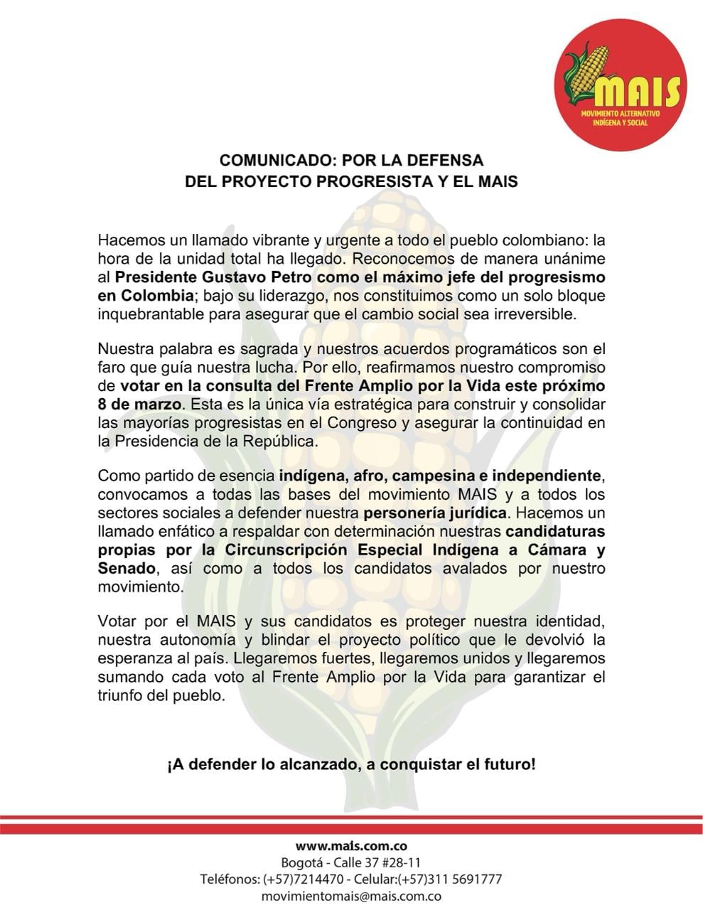 El partido llamó a la ciudadanía a votar la consulta, pero Petro no les copió - crédito @MovimientoMais/X