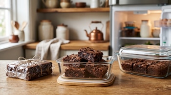 Porciones cuadradas de brownie en recipientes de vidrio y envueltas en plástico sobre una mesa de madera con una heladera al fondo.