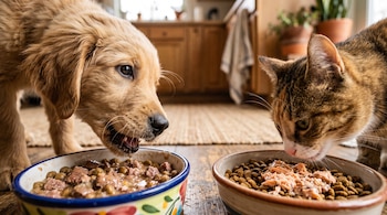 Un cachorro dorado y un gato atigrado se acercan a dos platos de cerámica con comida seca y húmeda sobre un piso de madera.