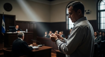 Hombre de mediana edad esposado en primer plano, con un juez, un abogado y otras personas sentadas en un tribunal con la bandera de El Salvador