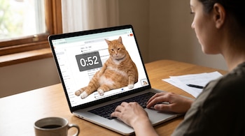 Persona de espaldas sentada frente a una laptop MacBook Pro sobre una mesa de madera; la pantalla muestra un gato naranja obeso en una página web con un temporizador.