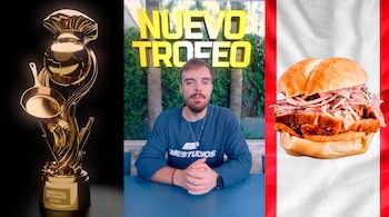 Ibai Llanos sentado bajo el texto Nuevo Trofeo, flanqueado por un trofeo dorado y un sándwich sobre la bandera de Perú.