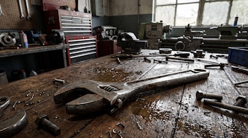 Una llave ajustable grande sobre una mesa de madera sucia con virutas metálicas, tornillos y aceite. Al fondo, un taller con bancos de herramientas y maquinaria industrial.