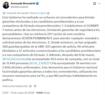 Las declaraciones oficiales han hecho énfasis en la independencia de los empleados públicos respecto a los candidatos, en respuesta a cuestionamientos sobre el uso de recursos estatales durante la campaña - crédito captura de pantalla Armando Benedetti