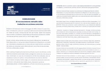 Documento con el título Comunicado, un logo de megáfono con el texto Voces Guatemaltecas en el Exilio y varios párrafos de texto impreso.
