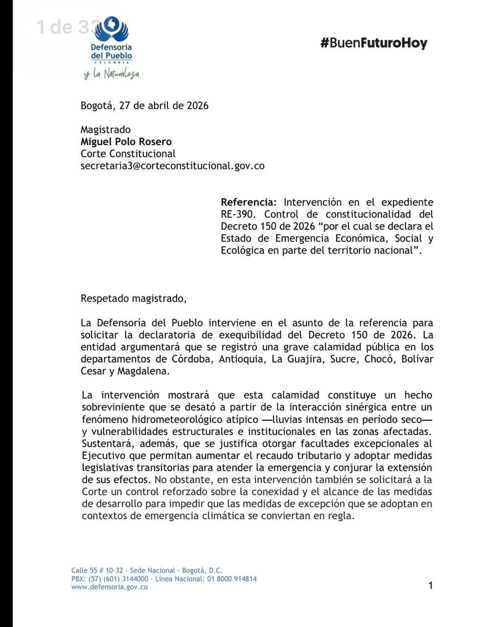 En la primera página del documento remitido a la Corte se argumenta la gravedad de la calamidad pública y la necesidad de intervenciones urgentes en ocho departamentos. - crédito Blu Radio
