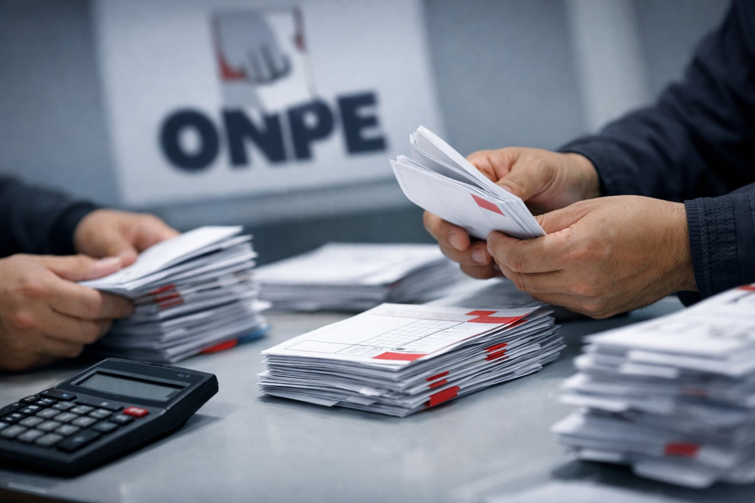 Manos anónimas cuentan boletas electorales en una oficina de escrutinio en Perú, con el logo de la ONPE visible al fondo, destacando la labor democrática del proceso. (Imagen Ilustrativa Infobae)