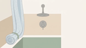 Ilustración plana de una ducha moderna con cabezal y grifo grises en una pared beige, y una cortina azul celeste enrollada en la esquina izquierda sobre una base verde.