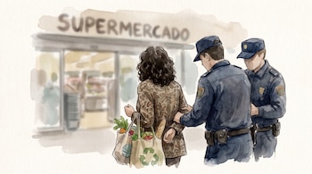 Ilustración de acuarela muestra a una mujer de espaldas con cabello rizado y bolsas de compras, junto a dos policías uniformados frente a un supermercado.