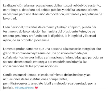 La exsuperintendente de Industria y Comercio, Cielo Rusinque, expresó su respaldo al expresidente Gustavo Petro y pidió a la Fiscalía General de la Nación pronunciarse con rapidez sobre las acusaciones formuladas por Angie Rodríguez - crédito @cielo_rusinque/X
