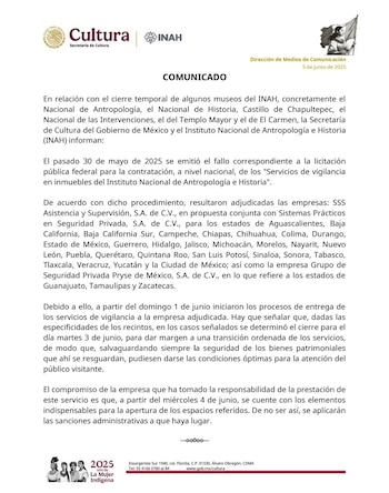 Comunicado del INAH, tras el