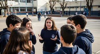 Grupo de jóvenes estudiantes discutiendo en círculo al aire libre en el patio de una escuela. Una adolescente en el centro gesticula mientras habla.