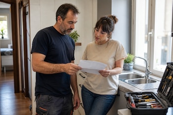Un hombre con ropa de trabajo y una mujer observan un papel en una cocina junto a un fregadero y una caja de herramientas abierta.