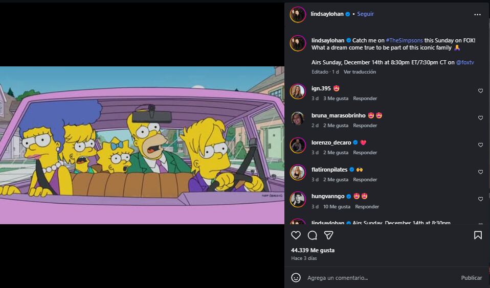 Lindsay Lohan compartió su emoción en redes por prestarle su voz a la más joven del clan Simpson
