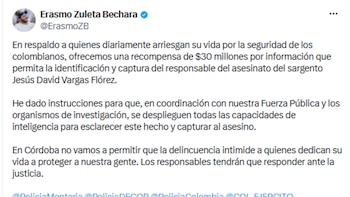 Gobernador de Córdoba rechazó crimen de sargento en Montería y ofreció recompensa millonaria - crédito @ErasmoZB/X