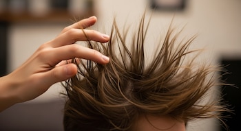 Primer plano de una mano tocando el cabello castaño de una persona, el cual está visiblemente erizado y levantado por la electricidad estática.