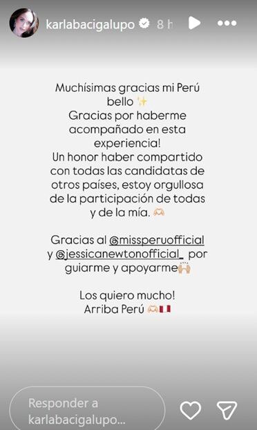 Karla Bacigalupo agradece a Jessica Newton tras presentación en el Miss Universo 2025.