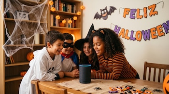 Cuatro niños disfrazados observan un altavoz cilíndrico en una mesa con dulces, cerca de telarañas y un cartel de Feliz Halloween.