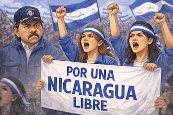 Ilustración de mujeres jóvenes nicaragüenses protestando con una pancarta 'POR UNA NICARAGUA LIBRE'. Daniel Ortega molesto a la izquierda y banderas nacionales al fondo.