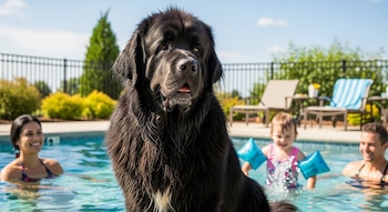 Un gran perro Terranova negro mojado está en primer plano en una piscina. Detrás, se ven una mujer, un niño con flotadores azules y un hombre sonriendo en el agua.