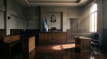 Muebles de madera, un estrado principal, la bandera de Honduras, el escudo nacional y una ventana lateral con luz natural.